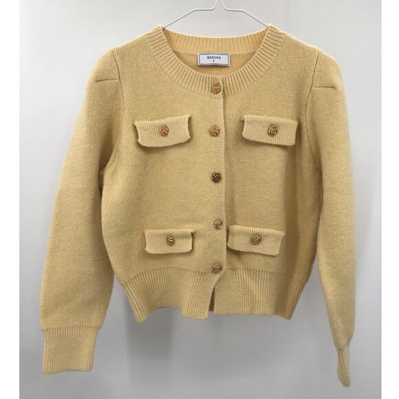 Rihoas Yellow Round Neck Knit Cardigan Sweater Gold Button One Size - Picture 3 of 9
